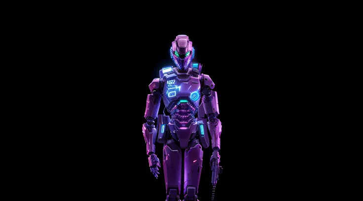 A fully robotic character standing in a neon-lit,. The robot is highly detailed, with intricate mechanical limbs, torso, but it preserves the exact pose from the original image. The robot is holding a gun in its right hand, with the gun design unchanged. P...