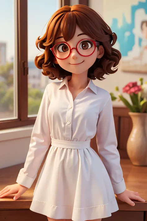 (( Better quality)), ((work of art)), (detailed), perfect face, teenage woman, 20 years, short curly brown hair,  white dress shirt , round glasses,  brown eyes, happy face