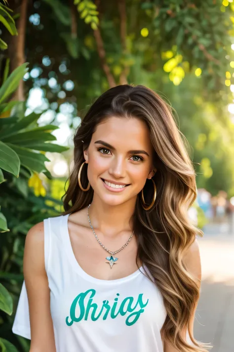 close-up portrait shot, Zoey Beckett, mature 25-year-old Caucasian woman, long wavy light brown hair, playful smile, outdoor setting, greenery, casual aesthetic, streetwear, sunlit park, dappled light, warm ambiance, soft features, mature yet youthful, ath...