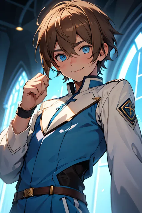 Cute teen boy, tender, adorable,  small and thin face ,, blue eyes, short hair， light brown hair.  high resolution, fringe, brown hair ,  Hair between eyes , blue eyes, ashamed, highly strung, shy, smiling, magic uniform 