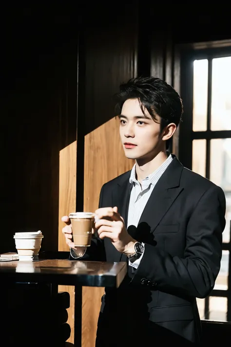 a handsome sigma male ordering coffee at a cafe, wearing a suit, and a wristwatch, highly detailed, cinematic lighting, photorealistic, intricate details, chiaroscuro lighting, dramatic shadows, warm color tones, 8k, ultra-detailed