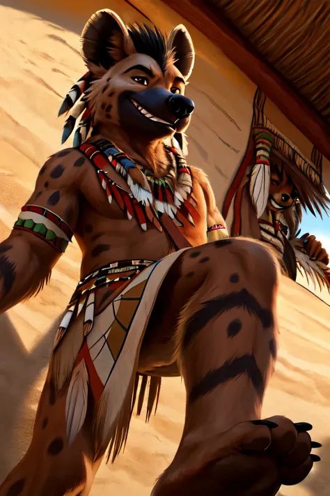 handsome, hyena, scruffy fringe, wearing a indian ((native american)) outfit,eyes with a mischievous glint, brown eyes, average build, good eyes, warm lighting, 8k semi realistic, low angle, small grin, foot paw (5 toes ) ((small claws on toes)) ((in a tip...