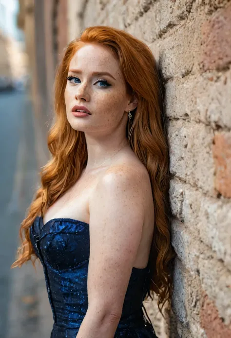 8k, RAW photography of Madelaine Petsch, full body shot, shot taken from far of a beautiful redhaired woman, sexy black and white dress, halloween costume ,leaning on the wall on the street, rome,, very long messy hair, tight body, tanned body, ginger hair...