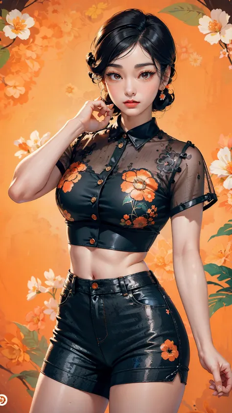 (((Masterpiece))), a top influencer woman, top quality, super detailed, cute and spunky, retro 60s style, fair skin, short curly black hair with flower clips, orange button up crop top transparent floral print sleeves, brown high waist button up shorts, re...