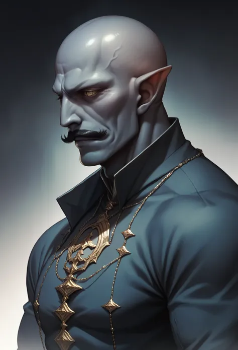 a good looking rakshasa of indian mythology dark blue skin pointy ear bald head black moustache muscular shirtless body dark bac...