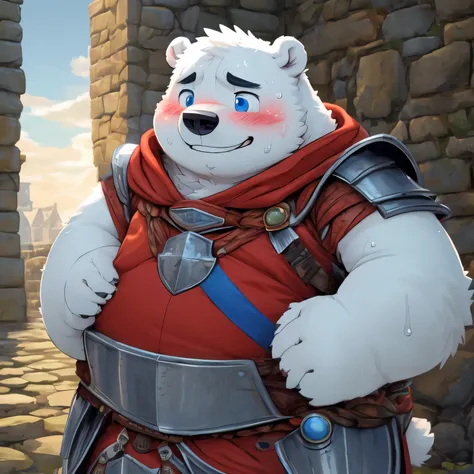 New Jersey 5 Pelzig，polar bear，Lonely，pummelig，Fat，thick arms， Sturdy muscles ，(White plush fur)， chubby ，  black eyebrows  ，sky blue eyes，bart，（Knight armor ，Red Cloak），(Blush:1.1)，Blush，smile，sweat，（ highly tuned ），western castle background，stone walls，8...