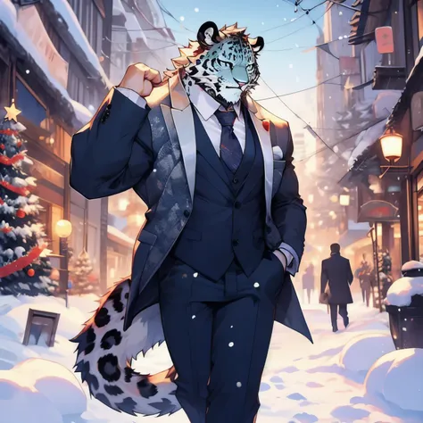 snowy city modern skyscrapers muscular people in suits beautiful snow leopards leopards snow-white fur（ detailed ）christmas tree...