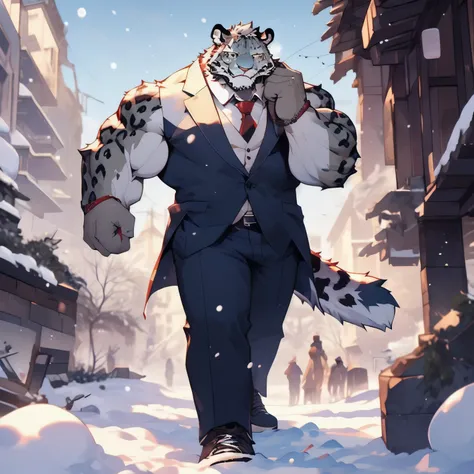 snowy city modern skyscrapers muscular people in suits beautiful snow leopards leopards snow-white fur（ detailed ）christmas tree...