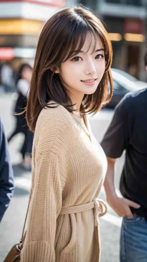 highest quality、genuine、Super detailed、finely、High resolution、8k wallpaper、one beautiful japanese woman Walking  through the scramble intersection.、light brown disheveled hair、sharp focus、perfect dynamic composition、beautiful and detailed eyes、thin hair、De...