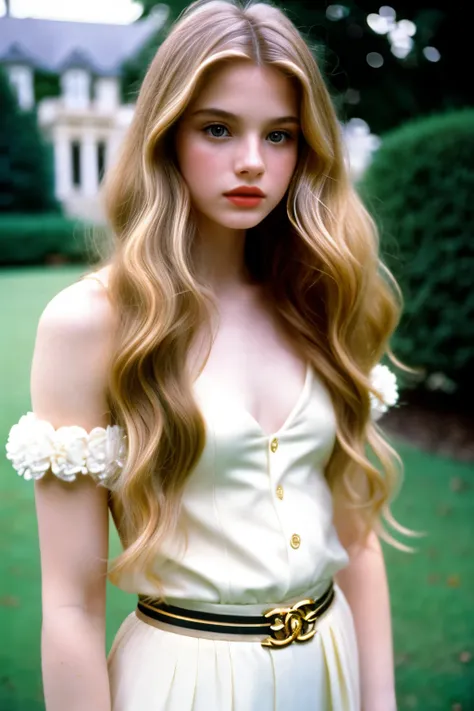 very beautiful dreamy girl, supermodel face, wavy Hair with highlights, 1992 quiet luxury fashion style, mansion background, pale skin, film analog, grainy film, chanel