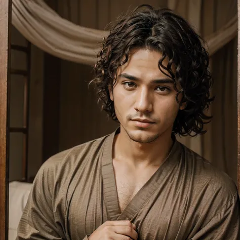 The face of a handsome anime guy. sad. He has curly hair .  looks on the right side of the picture .  wearing old Arabic clothes .