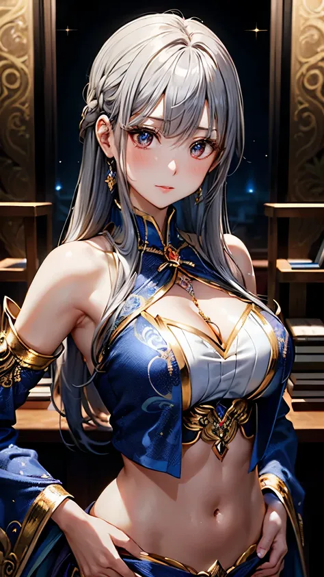 An anime-style 28-year-old Japanese woman named Reika Fujiwara with long, glossy straight silver hair and large, expressive gray eyes. She is wearing an elaborate, otherworldly fantasy cosplay outfit featuring a flowing, ornate blouse with exaggerated slee...