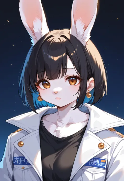 score_9, score_8_up, score_7_up, score_6_up, score_5_up, score_4_up, source_anime, best quality, amazing quality, very aesthetic, absurdres, 1girl, (furry, kemono1.2), rabbit, solo, jewelry, earrings, black hair, shirt, upper body, blurry, short hair, look...