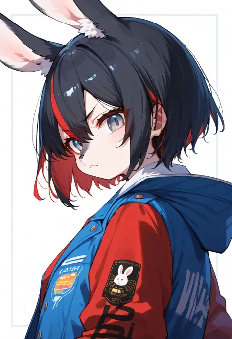 score_9, score_8_up, score_7_up, score_6_up, score_5_up, score_4_up, source_anime, best quality, amazing quality, very aesthetic, absurdres, 1girl, (furry, kemono1.2), rabbit, solo, black hair, jacket, multicolored hair, streaked hair, short hair, frown, s...