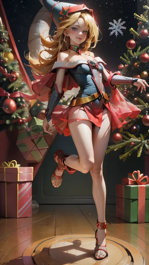 Dark magician gils in red dress,((see through)),  background , rubio,(((Tiny mini skirt))), ((skirt lift)),(((tanga visible))), smiling, blue eyes, realistic, red heels, (((Christmas))), neckline, ((Christmas tree, gifts)), blonde hair, Christmas of Magic....