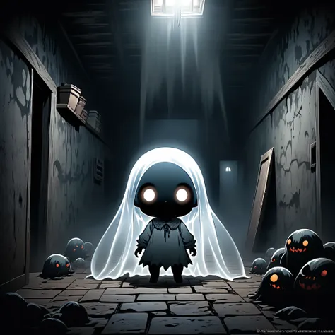 a picture like a horror game with a transparent ghost, monster, chibi style, scary, dark atmospehre, fog, dark cellar