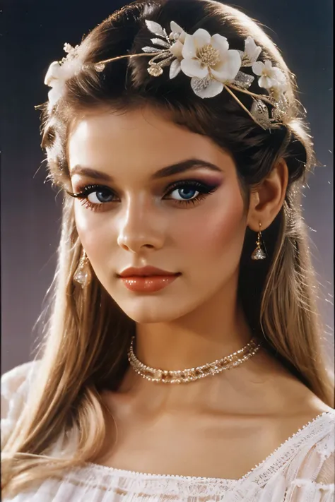 very beautiful dreamy girl, supermodel face, 1980 makeup, 1980 fashion