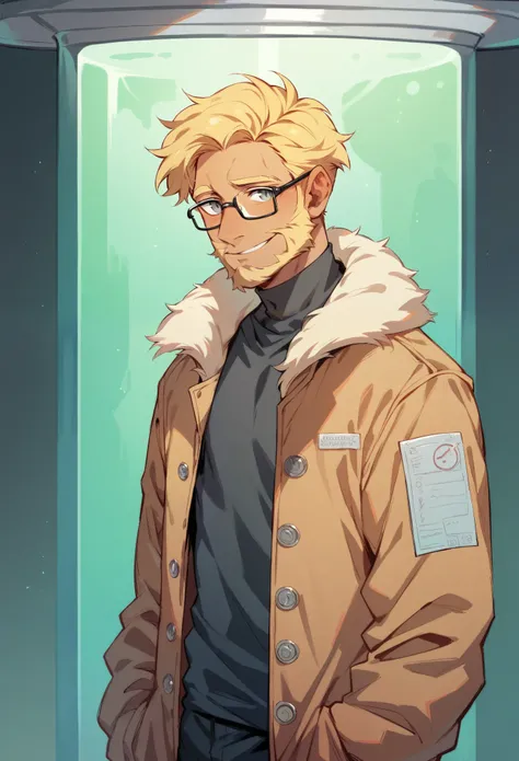 Solo male, ((fluffy blonde hair)), ((scruffy blonde beard)), gray eyes, wearing glasses, wearing a tan bomber jacket, older male, standing in a laboratory, skinny, short, shy smile