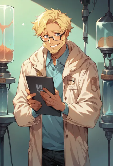 Solo male, ((fluffy blonde hair)), ((scruffy blonde beard)), gray eyes, wearing glasses, wearing a tan bomber jacket, older male, standing in a laboratory, skinny, short, shy smile, holding a tablet