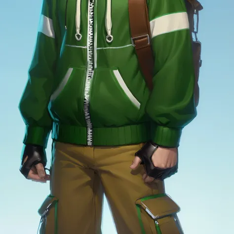  a cartoon boy wearing a green hoodie and brown pants, official character art, full body portrait,  full body individual character , full body portrait del personaje,  full body portrait  de un personaje, Kazuma Kaneko, like an anime character, !! full bod...