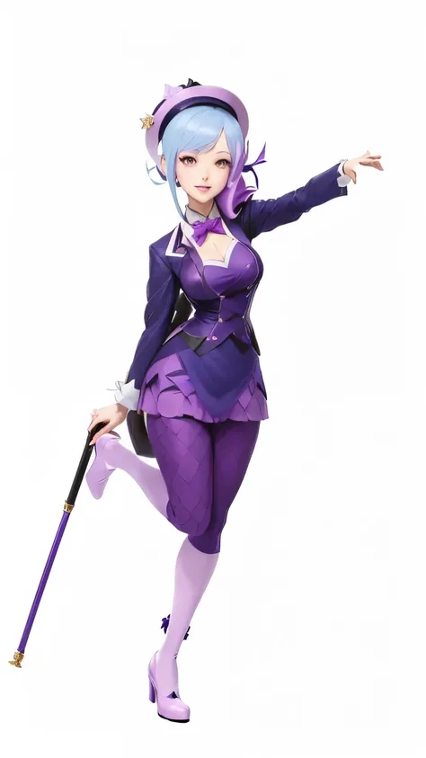 anime character with a hat and a cane in a purple outfit, maya fey from ace attorney, official character art, digital art from danganronpa, ( ( character concept art ) ), render of april, shalltear from overlord, rem rezero, anime character, hajime yatate,...