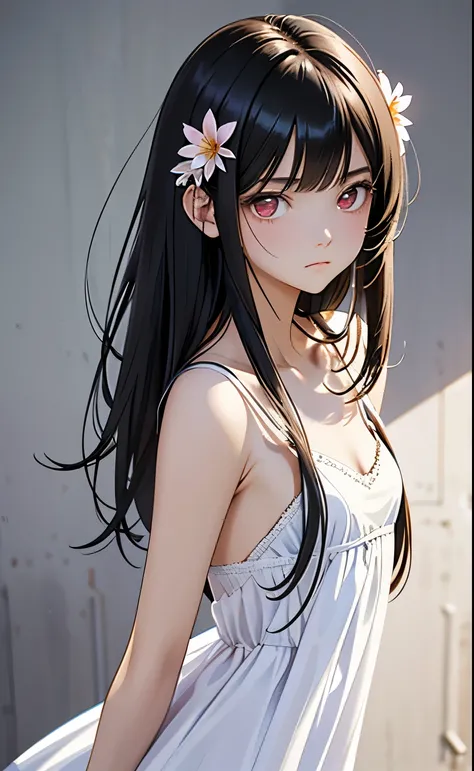 (Realistic:1.4)、(masterpiece、Side light、 beautiful eyes)、( character focus、Close to the audience、masterpiece*Portrait)、Genuine、Cute face、 3d face、(Black Hair:1.5、 straight hair、Messy Hair、Inner hair color)、( 1 girl)、(Red eyes:1.2)、( cowboy shot)、( sundress...