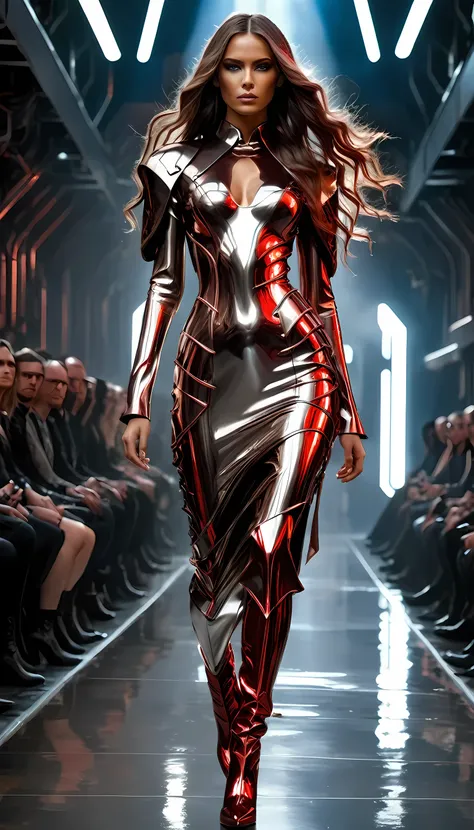 there is a beautiful mech model wearing intricate liquid metal dress, in a cyberpunk fashion catwalk, ultra detailed face, full body shot, long hair, wavy hair, dynamic eye color, wearing red liquid metal dress, wearing high heel boots, fantasy art, 16K, (...