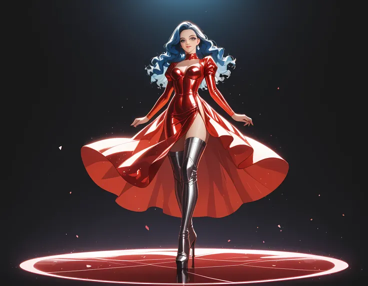 there is a beautiful mech model wearing intricate liquid metal dress, in a cyberpunk fashion catwalk, ultra detailed face, full body shot, long hair, wavy hair, dynamic eye color, wearing red liquid metal dress, wearing high heel boots, fantasy art, 16K, (...