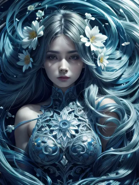 a stunning art, abstract, flowery, predominantly blue, white, upper body, centered, key visual, intricate, highly detailed, brea...