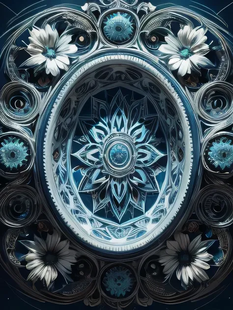 a stunning art, abstract, flowery, predominantly blue, white, upper body, centered, key visual, intricate, highly detailed, brea...