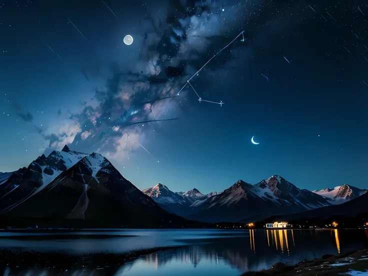 Camera recording , (( mountain background with a lake in the background)),((stars, moon in the background,  background constellation ,  starry night )), (( color mix)),((Hight Quality 4k ))