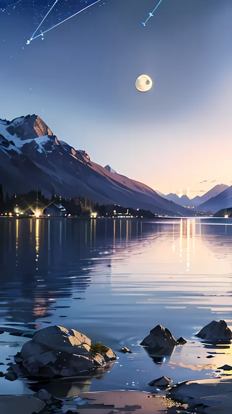 Camera recording , (( mountain background with a lake in the background)),((stars, moon in the background,  background constellation , Background night)), 