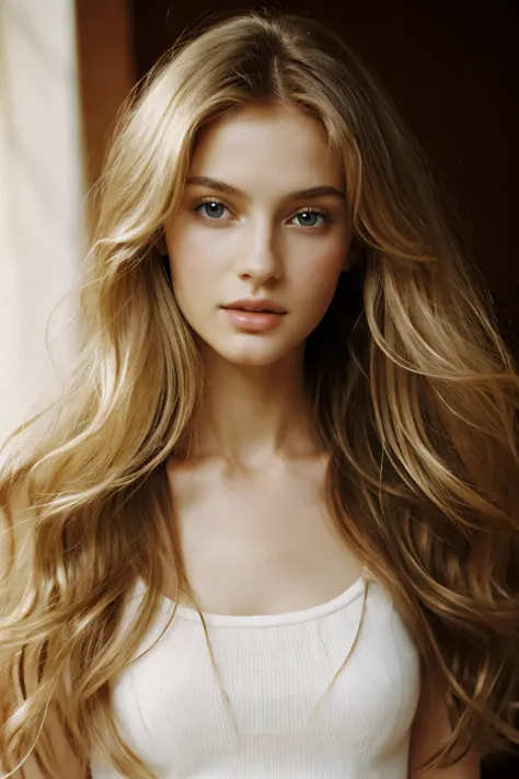 Film still, 1girl, very beautiful supermodel face, dreamy angelic face, 2005 blowout wavy Hair, 2005 fashion, 2005 makeup, Streaked Hair, pale skin, tanya mavrina, milan