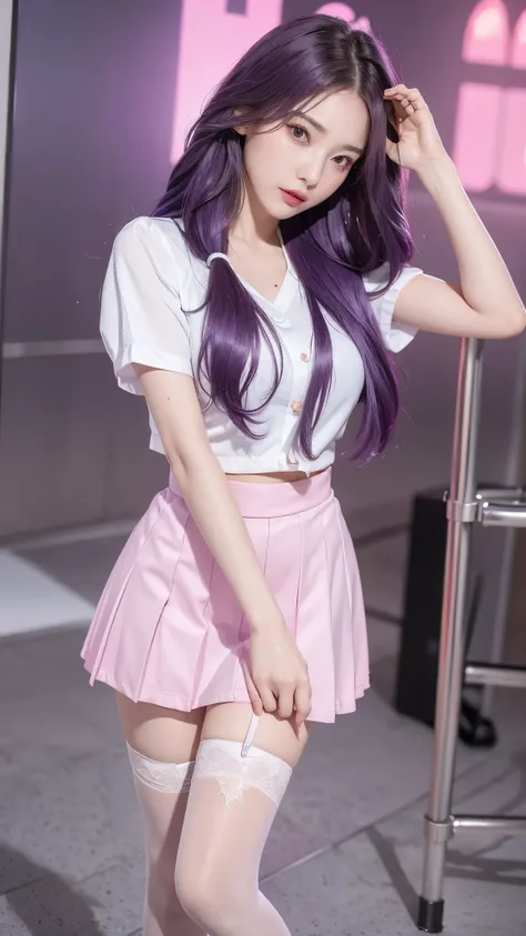 （ best quality，4K，masterpiece：1.2），pretty woman，1 woman，Raised to be sexy：1.1，Purple hair：1.1，A woman wearing，Wet school clothes， very detailed face ，Detailed lips，Detailed eyes，double eyelid，pink miniskirt white stockings，Stand up