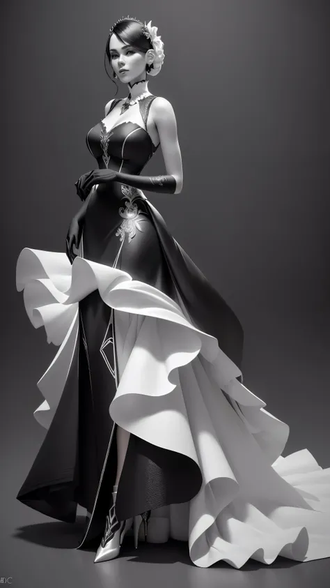 a black and white photo of a woman in a dress, digital art of an elegant, detailed full body concept, high res render, stylized portrait formal pose, full body render, marvelous designer 3d rendered, stylized as a 3d render, full body cgsociety, full body ...