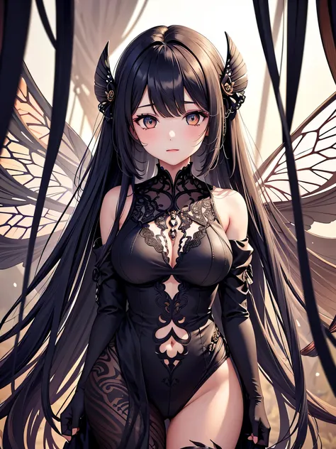 Imagine an insectoid girl, her vibrant wings glinting in the sunlight filtered by the dense vegetation. Its tan, velvety skin blends into the shadows of the forest, while its sensitive antennae detect the slightest movement in the air. Its large, almond-sh...