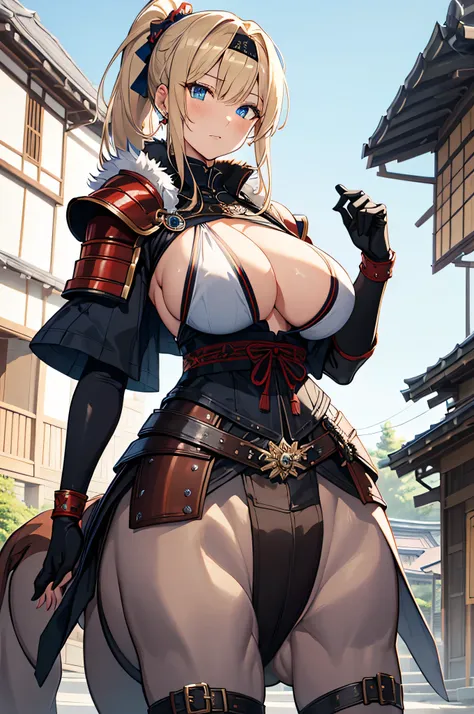 4k, high resolution ,one woman,centaur,blonde, long ponytail ,blue eyes, brown fur , huge boobs,samurai,white armor,sleeveless,s...