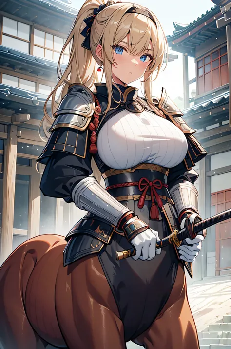 4K, High Resolution ,One Woman,Centaur,Blonde, Long Ponytail ,Blue Eyes, Brown Fur , huge boobs,samurai,White Armor,Sleeveless,Heavy Armor,White Armor Gloves, headband ,Large Japanese sword,Jewelry decoration,Japanese Village