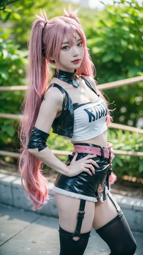 (8k、RAW Photos、Highest quality、masterpiece:1.2)、(Realistic、Realistic)、1 girl、((Pink Hair、Twin tails、mini skirt、Tube top、black、Thin legs、whole body、boots、one piece、tights、View from the front、Looking into the camera、belt、Stand with hands on hips))、cute