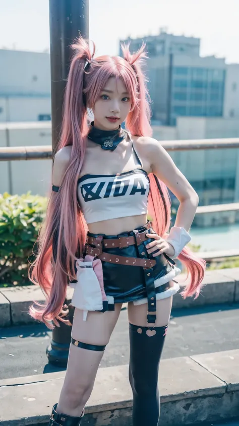 (8k、raw photos、highest quality、masterpiece:1.2)、(realistic、realistic)、1 girl、((pink hair、twin tails、mini skirt、tube top、black、th...