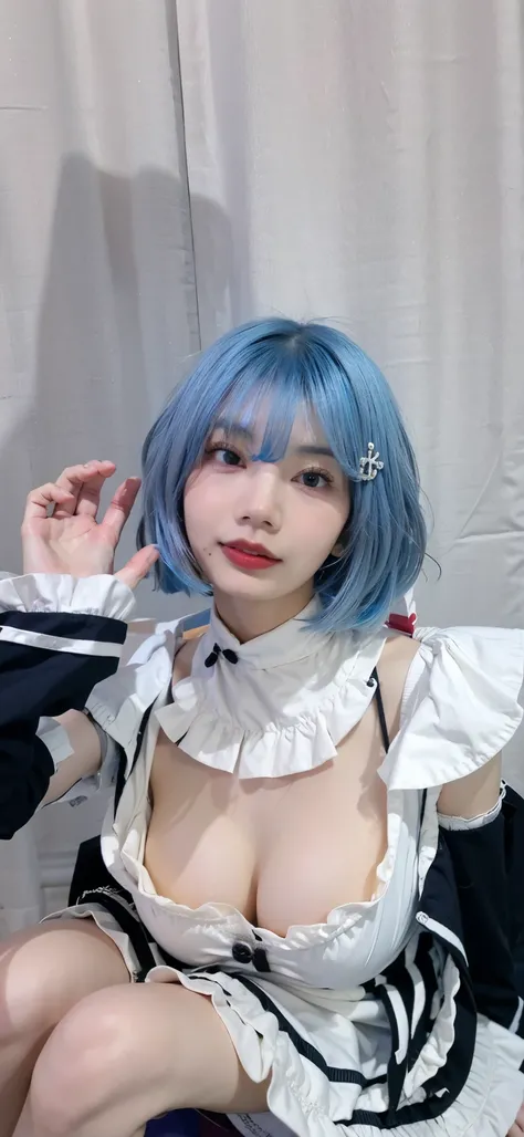 arafed woman with blue hair and a white shirt posing for a picture, anime girl cosplay, anime cosplay, rem rezero, short blue haired woman, rei ayanami, cosplay, anime girl in real life, rogue anime girl ayanami rei, full face shot of rimuru tempest, ayana...