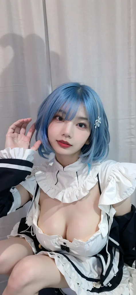 arafed woman with blue hair and a white shirt posing for a picture, anime girl cosplay, anime cosplay, rem rezero, short blue haired woman, rei ayanami, cosplay, anime girl in real life, rogue anime girl ayanami rei, full face shot of rimuru tempest, ayana...