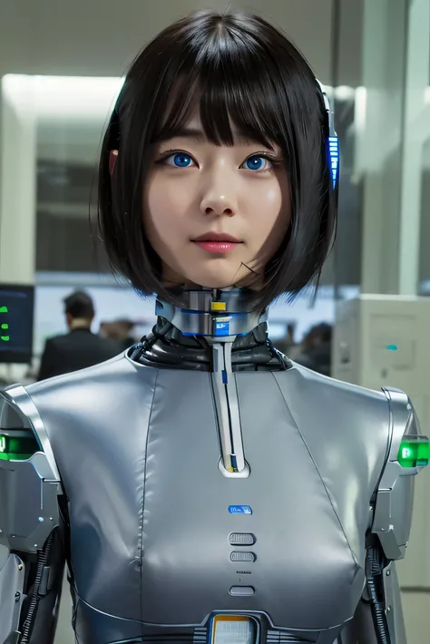 masterpiece, best quality, extremely detailed,  Japaese android girl,Plump , control panels,android,Droid,Mechanical Hand, Robot arms and legs, Black Robot Parts,Black hair,Mechanical body,Blunt bangs,White robotics parts,perfect robot girl,future informat...