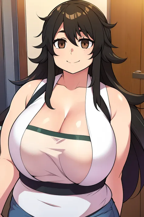 chubby big boobs black hair brown eyes happy long messy hair smile deredere