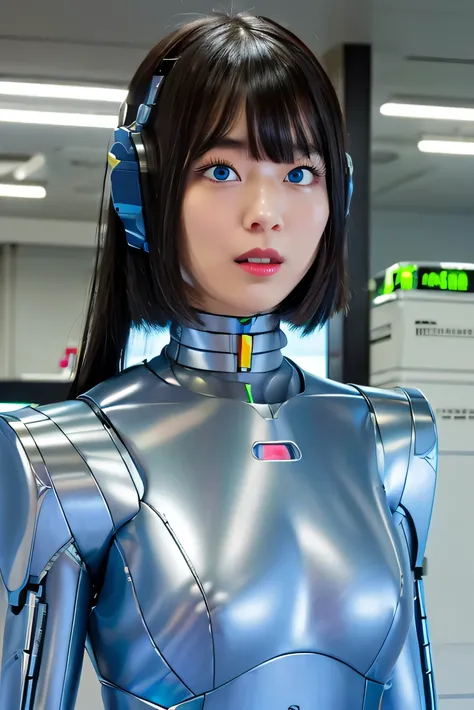 masterpiece, best quality, extremely detailed,  Japaese android girl,Plump , control panels,android,Droid,Mechanical Hand, Robot arms and legs, Black Robot Parts,Black hair,Mechanical body,Blunt bangs,White robotics parts,perfect robot girl,future informat...