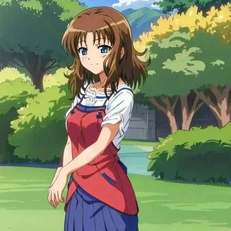 (best quality, masterpiece:1.2) 1girl, brunette hair, medium hair, blue eyes, mole under eye, smile, aoi kashima, anime, outdoors, green grass, full body, from behind, red shirt and blue skirt