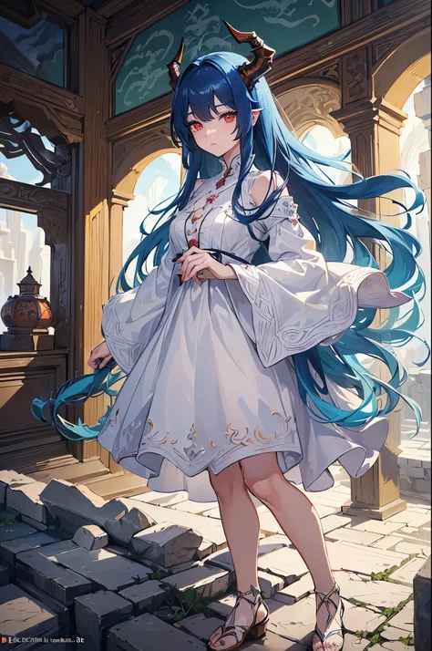 ((top quality, ultra-detailed,detailed eyes,hyper detailed,super fine illustration,Describing the background,Ultra-definite eyes, ))Red eyes, blue hair, long hair, dragon horns, dragon wings, pure white dress, dragon man, dragon god, sacred, beautiful, sta...