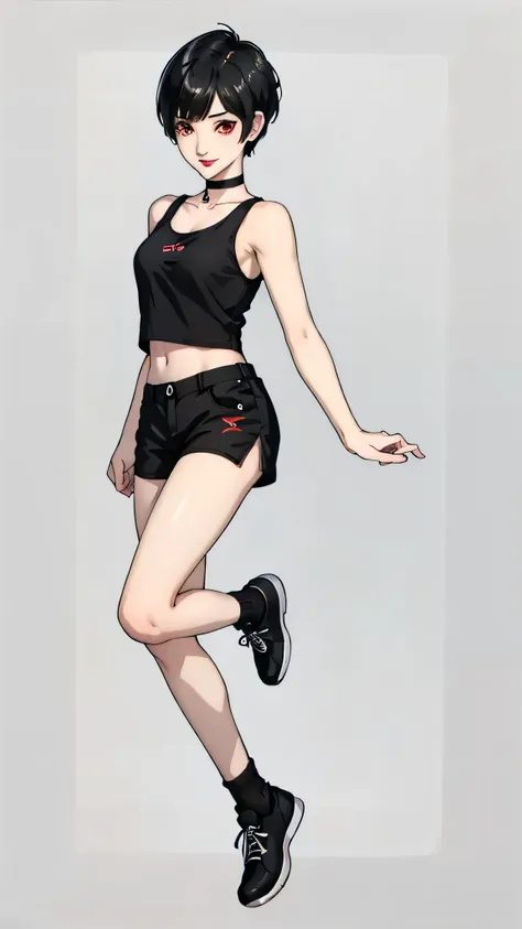 1 girl, very short hair, black hair,tomboy pixie haircut, red eyes, black lipstick, black choker, full body , white tank top, sh...