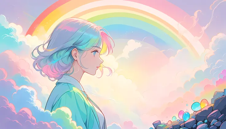 Soft Pastels, Cartoon style illustration, depicts a woman watching the world while experiencing an illusion, stones cast on , Profile picture , Splash Pastel Colors , (soft Rainbow glowy smoke) Movement effect , highest quality, Wallpaper Art, Ultra...