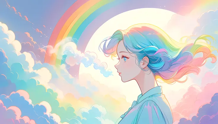 Soft Pastels, Cartoon style illustration, depicts a woman watching the world while experiencing an illusion, stones cast on , Profile picture , Splash Pastel Colors , (soft Rainbow glowy smoke) Movement effect , highest quality, Wallpaper Art, Ultra...
